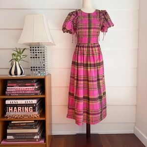 Pink Plaid Puff Sleeve Midi Dress with Bows size M Cottage Kitsch
